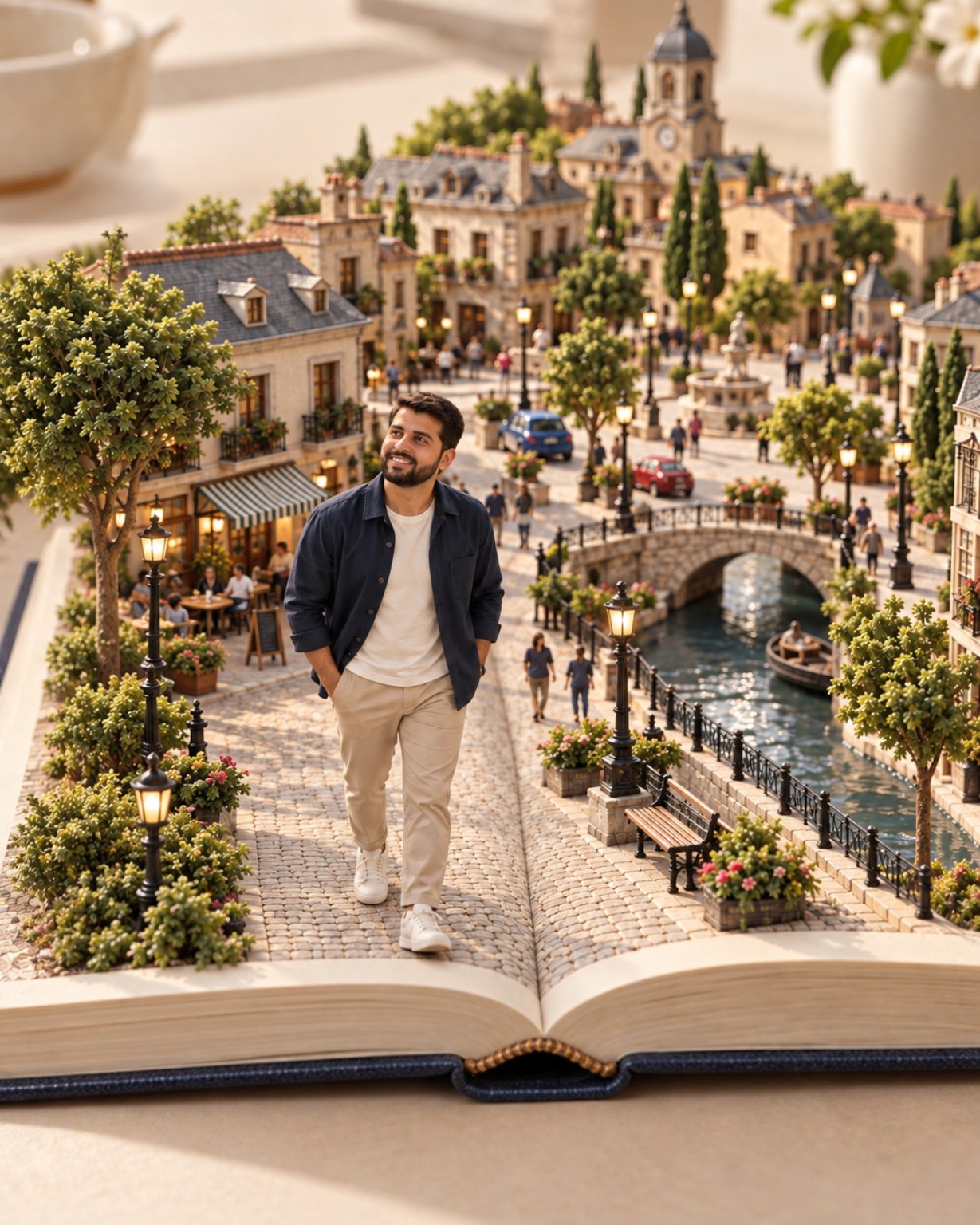 Pessoa em cidade em miniatura construída em livro