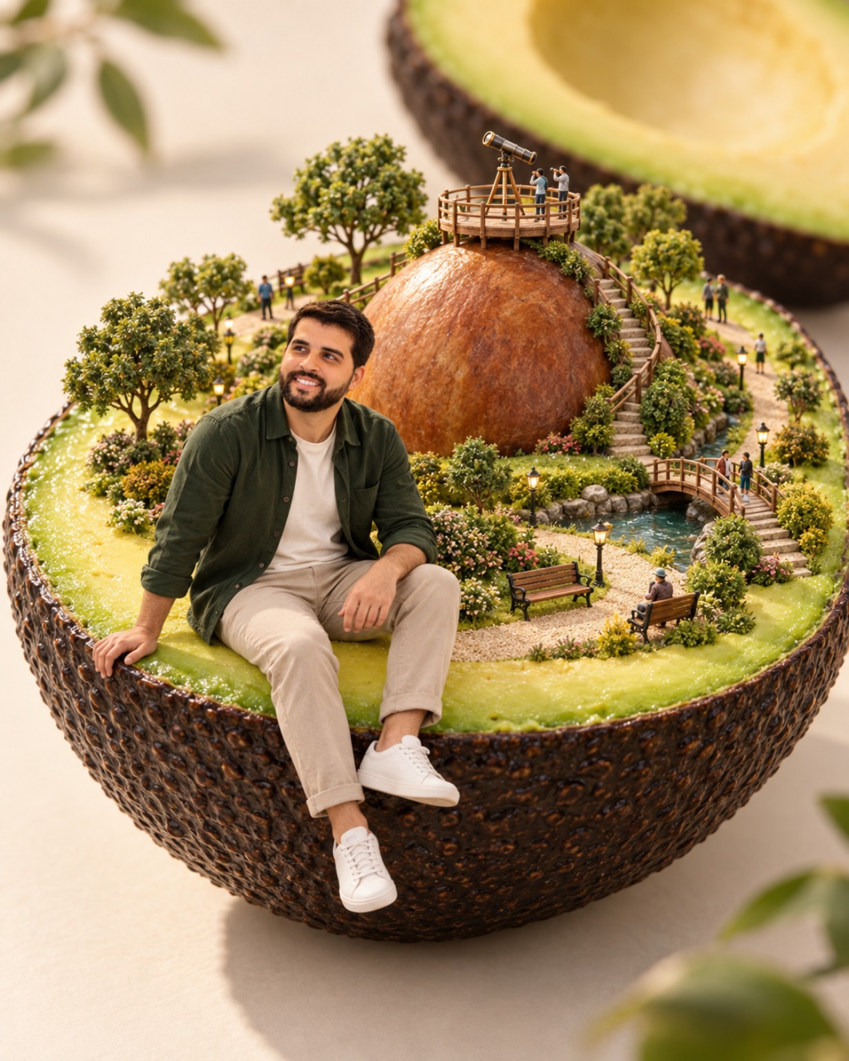 Pessoa em paisagem em miniatura sobre fruta