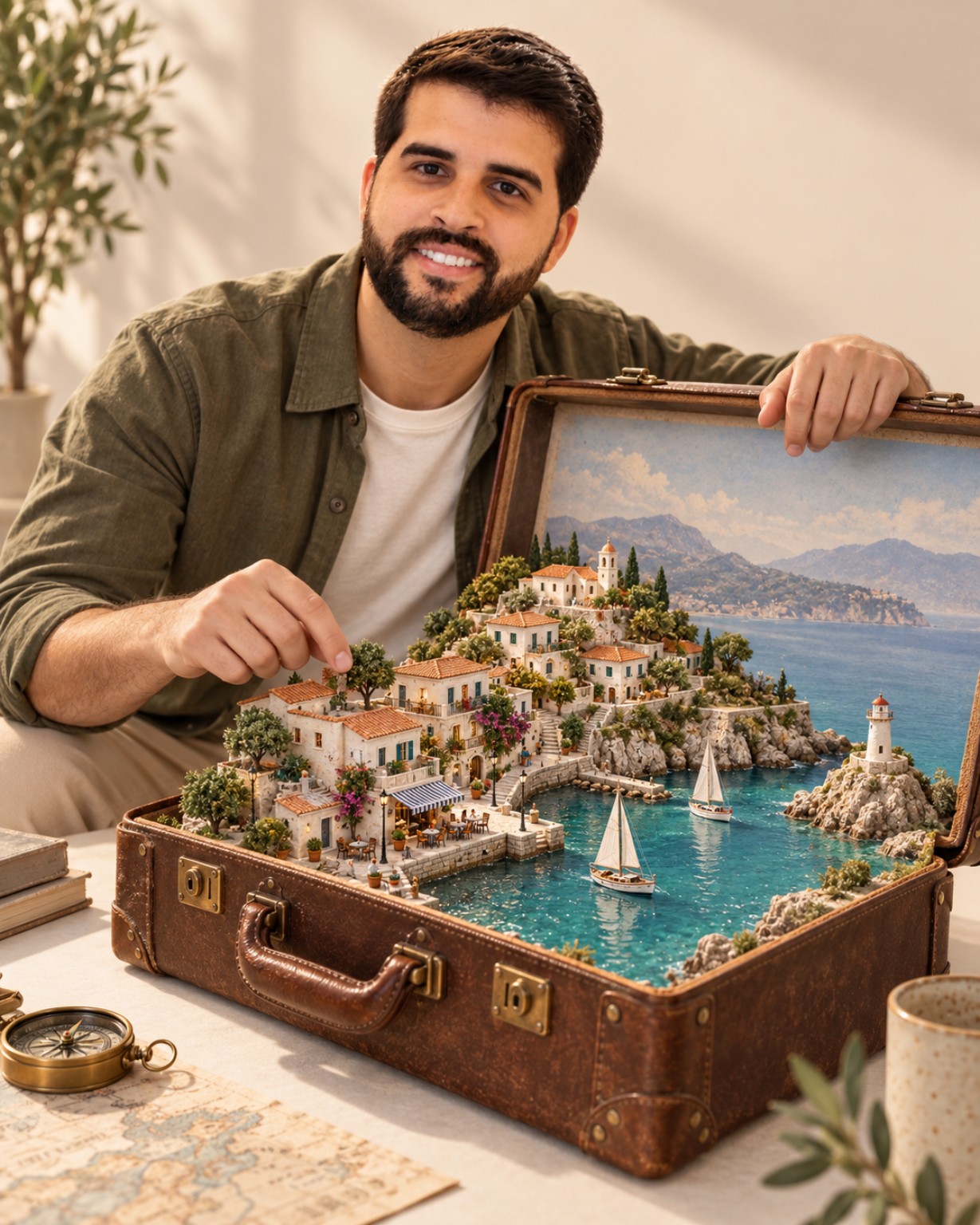 Pessoa com cidade em miniatura dentro de mala