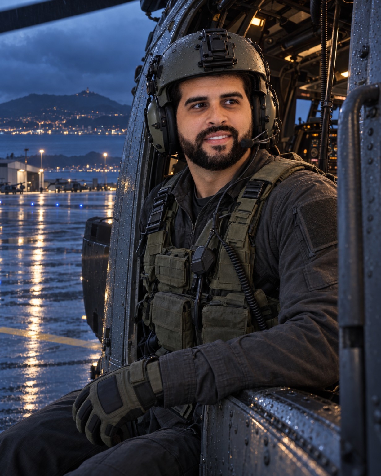 Operador tático no interior de helicóptero